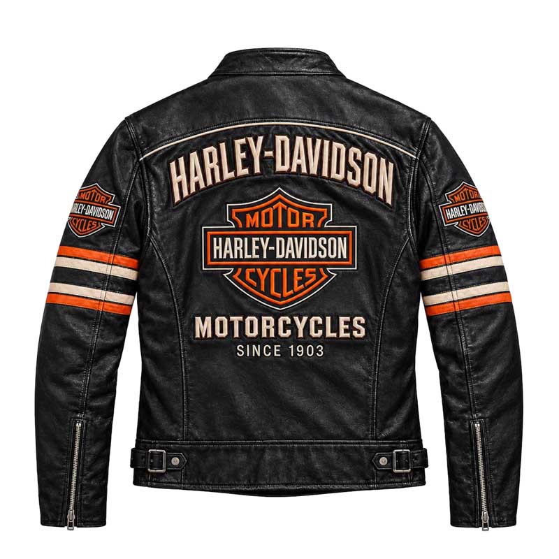 Men's black racing-style leather jacket with Harley-Davidson graphics and vintage café racer detailing.