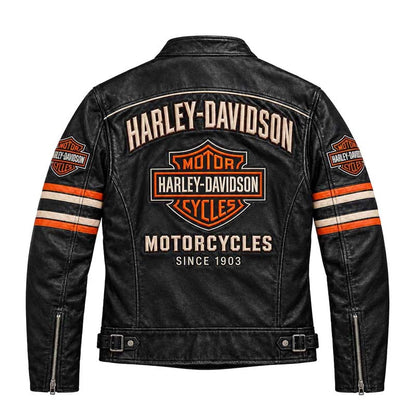 Men's black racing-style leather jacket with Harley-Davidson graphics and vintage café racer detailing.