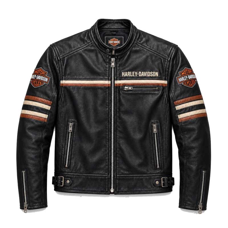 Men's Harley-Davidson-style black leather biker jacket with orange and white racing stripes.