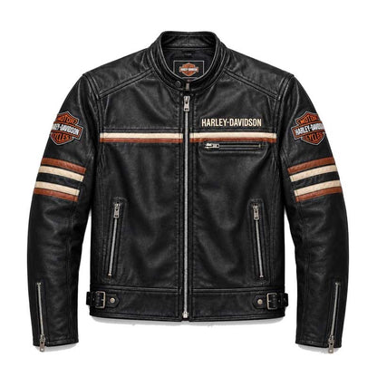 Men's Harley-Davidson-style black leather biker jacket with orange and white racing stripes.