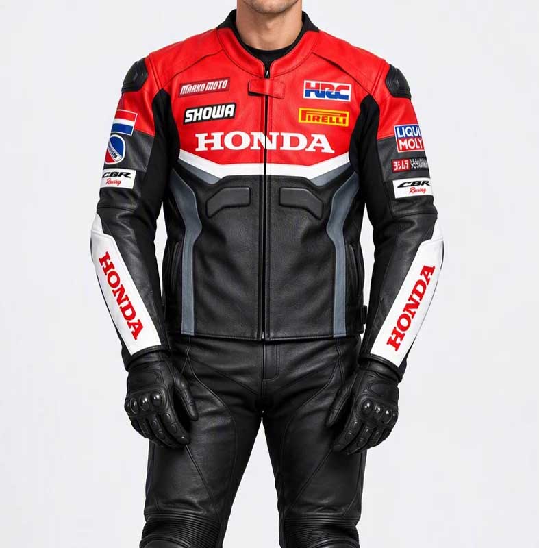 Men's Honda CBR HRC white and black genuine leather racing motorcycle jacket.