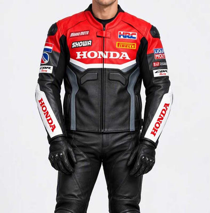 Men's Honda CBR HRC white and black genuine leather racing motorcycle jacket.