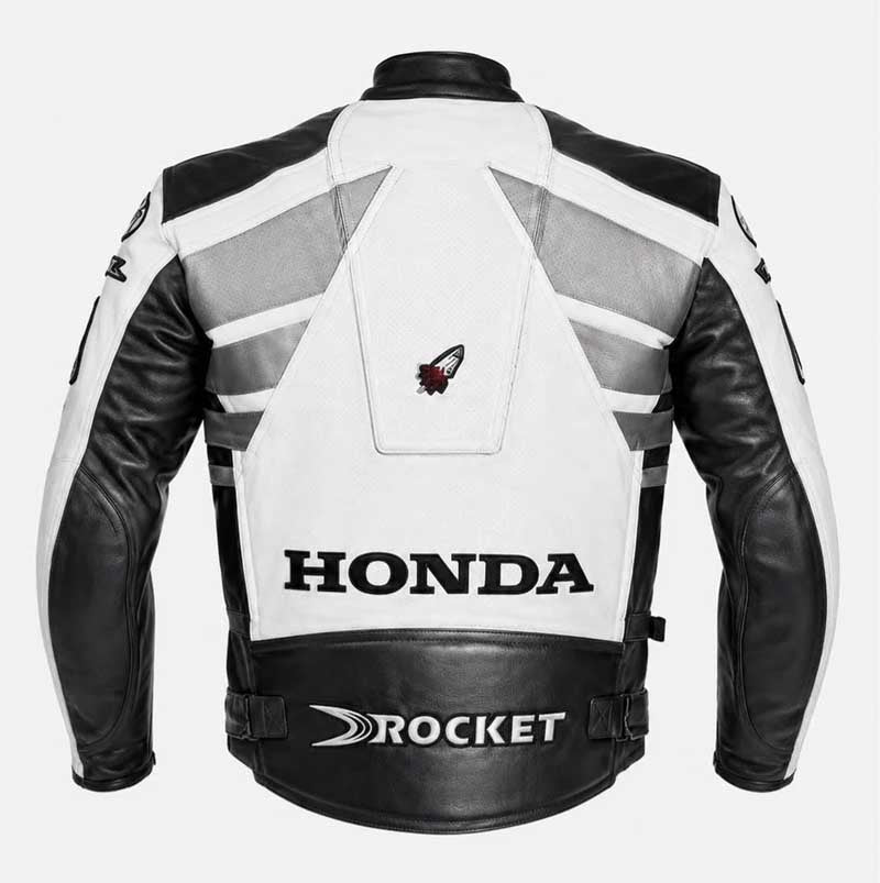 white and black Honda-style leather biker jacket for men.