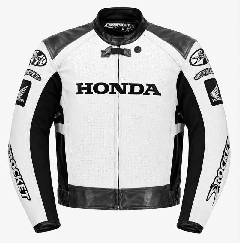 Men's Honda racing motorcycle leather jacket in white and black cowhide.