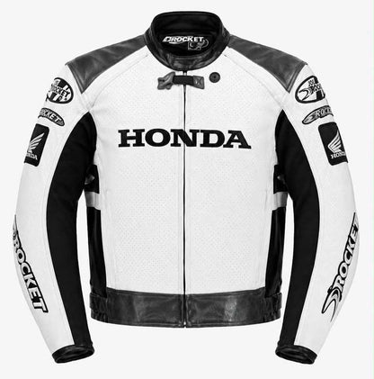 Men's Honda racing motorcycle leather jacket in white and black cowhide.
