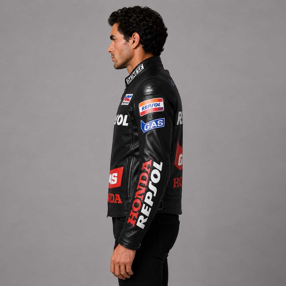 mens honda repsol gas motorbike leather jacket sideview