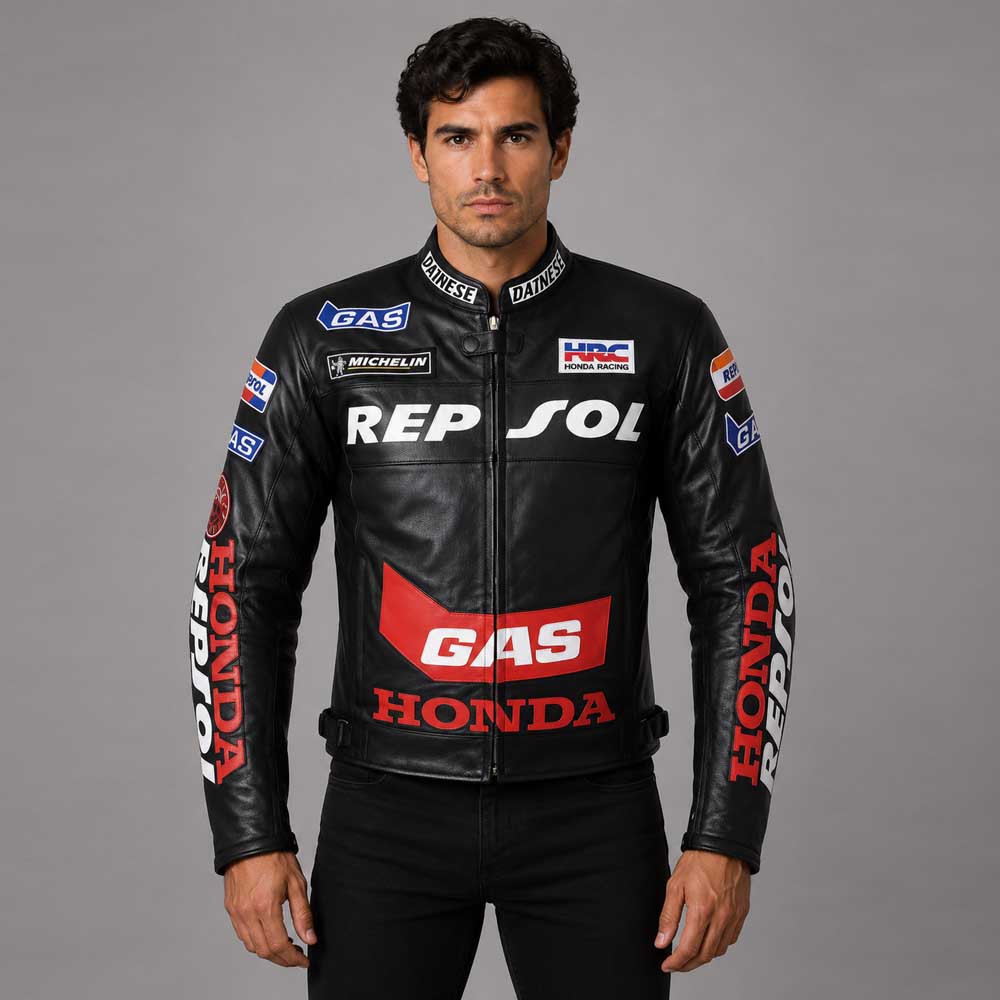 mens honda repsol gas motorbike leather jacket
