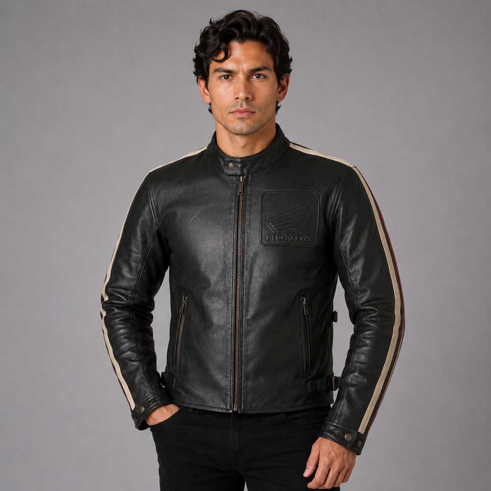 Mens Honda Retro Vintage Leather Biker Jacket