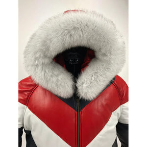 Men's Hooded Leather V-Bomber Jacket with Premium Fur