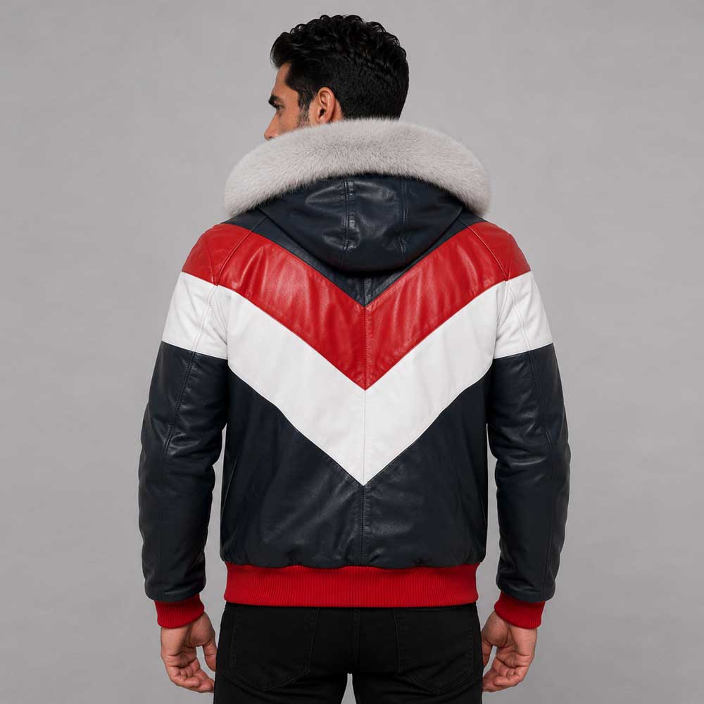 Men's Hooded Leather V-Bomber Jacket with Premium Fur