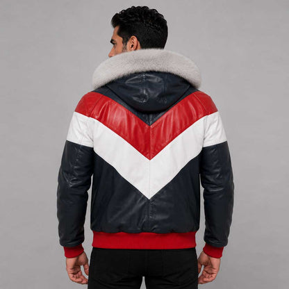 Men's Hooded Leather V-Bomber Jacket with Premium Fur