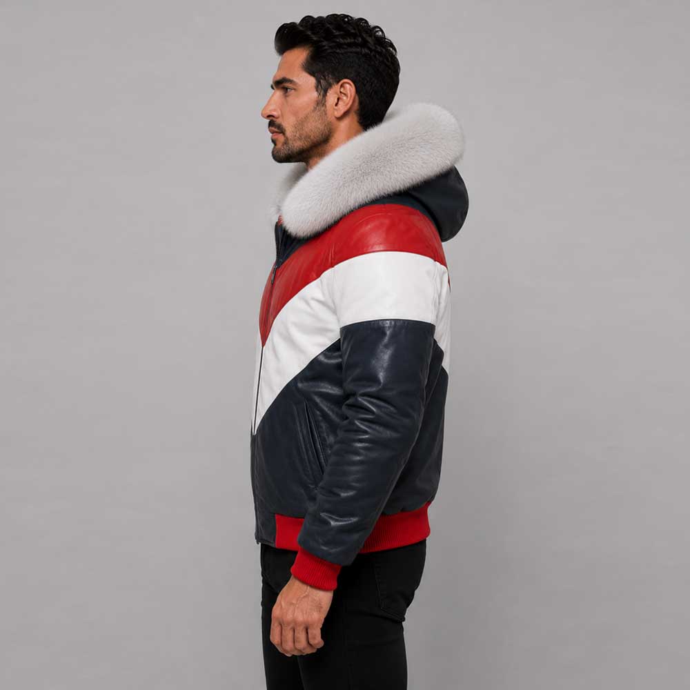 Men's Hooded Leather V-Bomber Jacket with Premium Fur