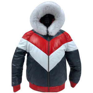 Men's Hooded Leather V-Bomber Jacket with Premium Fur