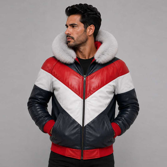 Men's Hooded Leather V-Bomber Jacket with Premium Fur - 3amoto shop