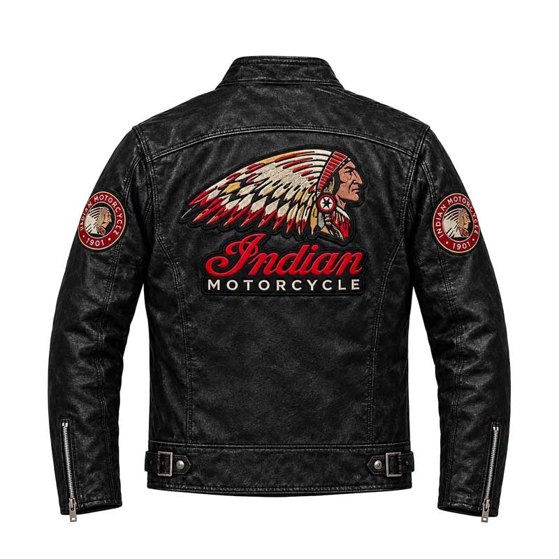 black Indian Motorcycle jacket with chest patches and zippered pockets.