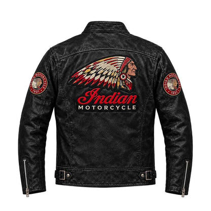 black Indian Motorcycle jacket with chest patches and zippered pockets.