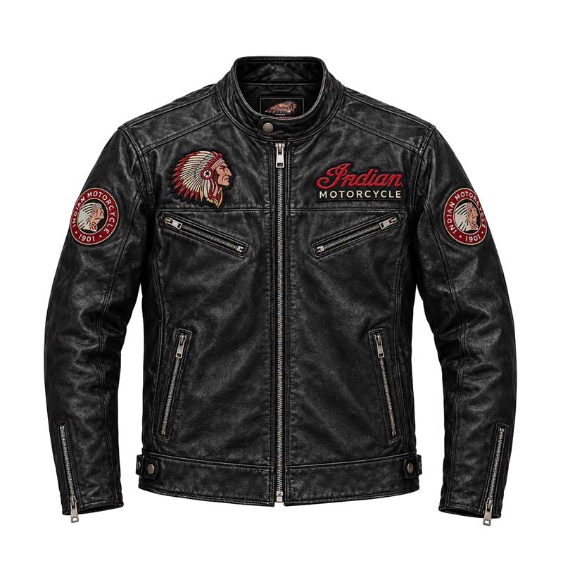 Men's Indian Motorcycle black leather biker jacket with vintage embroidered-style graphics.