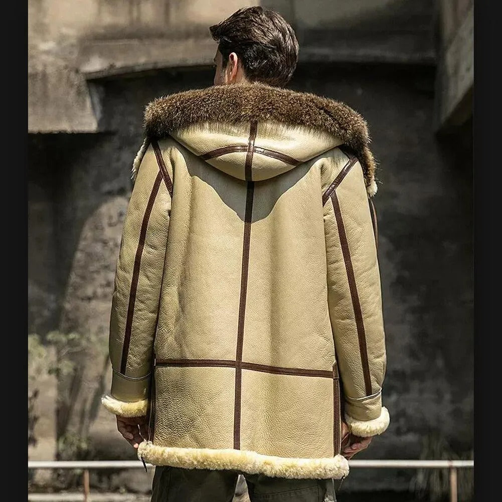 Men's Ivory Yellow Leather Shearling Jacket - Hooded Sheepskin Coat