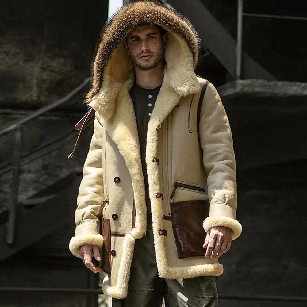 Men's Ivory Yellow Leather Shearling Jacket - Hooded Sheepskin Coat