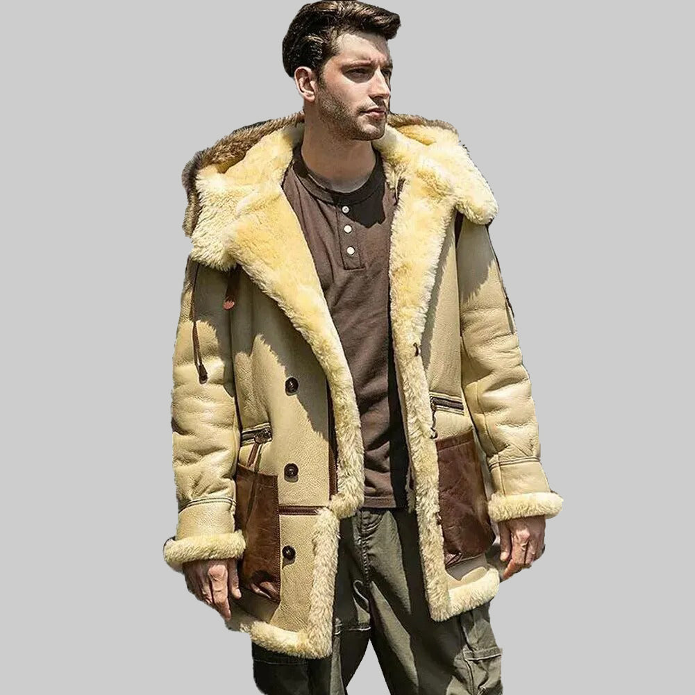 Shop Men's Ivory Yellow Leather Shearling Jacket - Hooded Sheepskin Coat