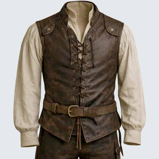Men's Brown Genuine Leather Vest with Lace Up Medieval Pirate Style - 3amoto shop