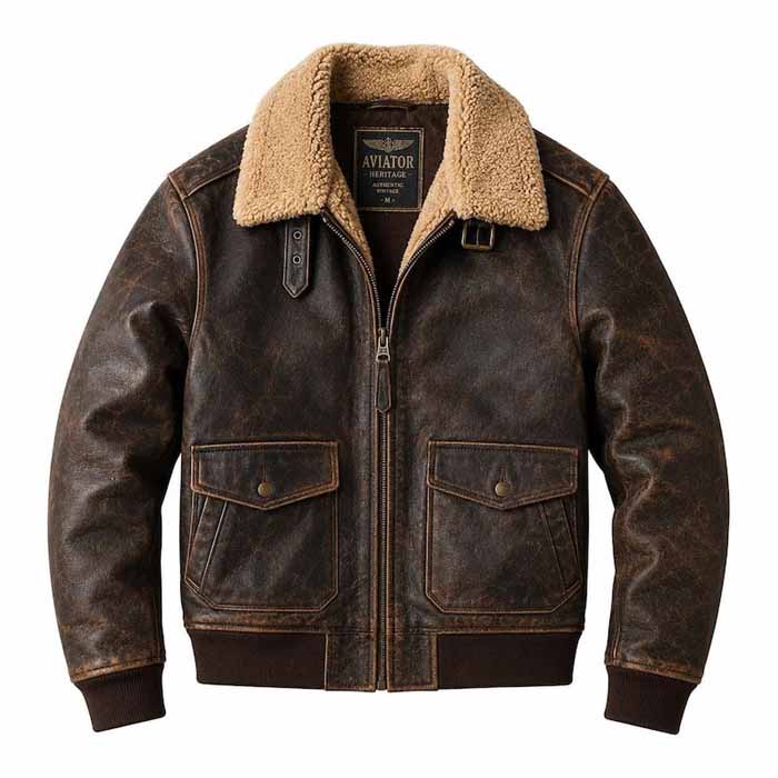 Men's Genuine Lambskin Aviator Leather Jacket with Shearling Collar