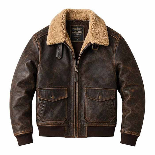 Men's Genuine Lambskin Aviator Leather Jacket with Shearling Collar - 3amoto shop