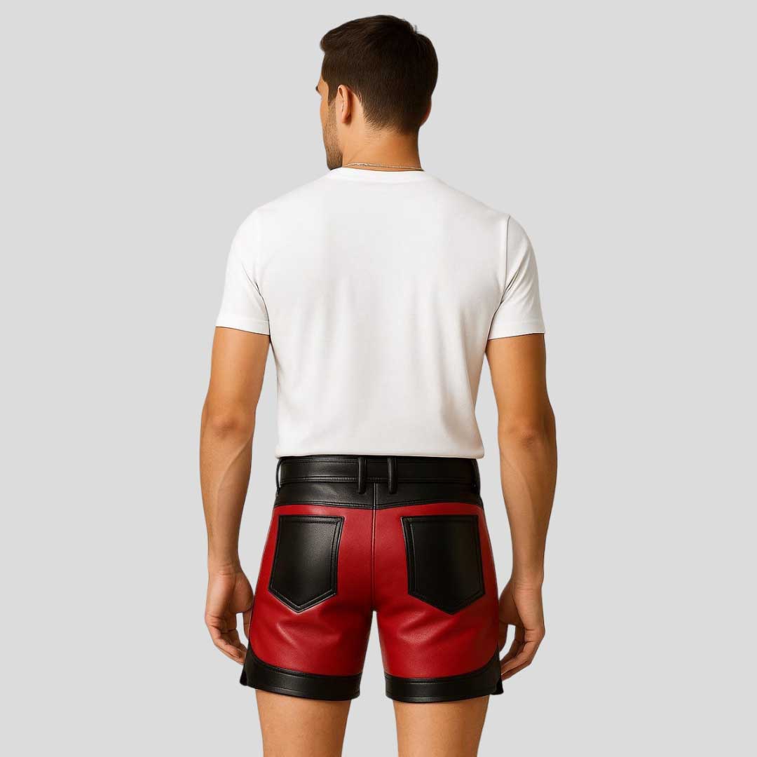 Men’s Red Black Cowhide Leather Biker Shorts
