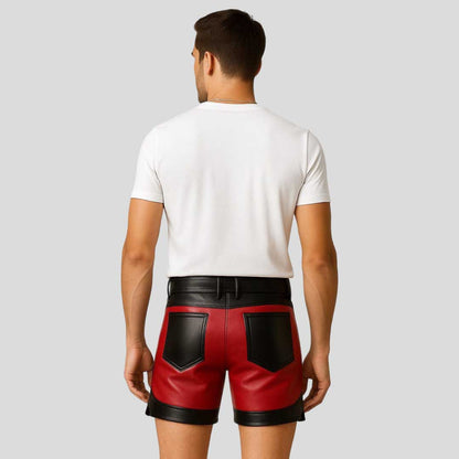 Men’s Red Black Cowhide Leather Biker Shorts
