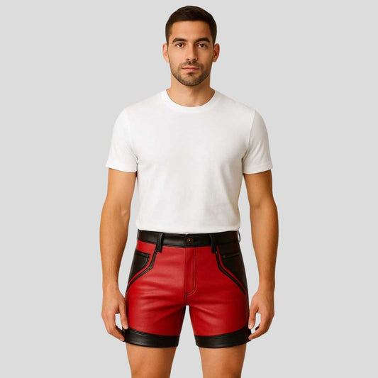 Men’s Red Black Cowhide Leather Biker Shorts - 3amoto shop