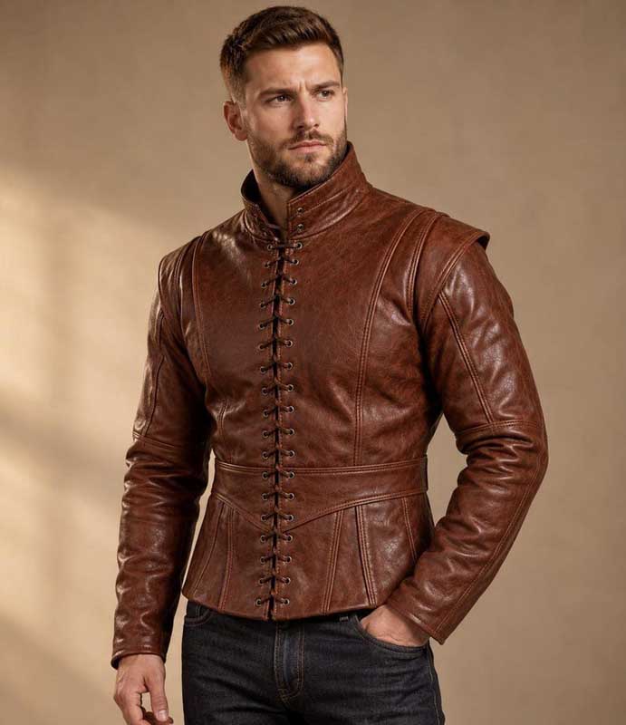 Men’s brown genuine cowhide leather doublet jacket front view