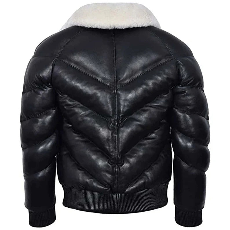 Men's Leather V Bomber Puffer Winter Jacket with Fur Collar