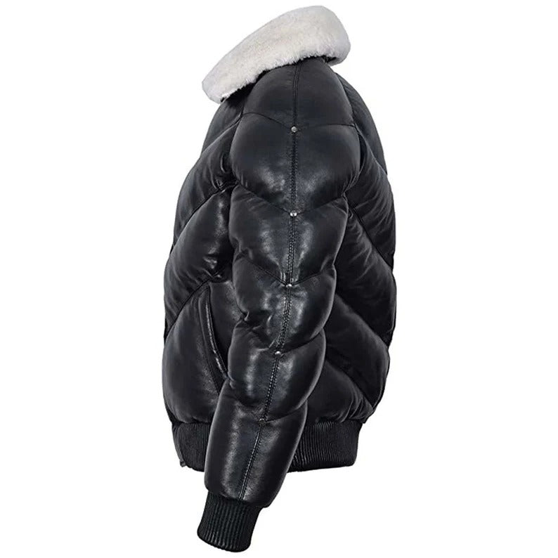 Men's Leather V Bomber Puffer Winter Jacket with Fur Collar