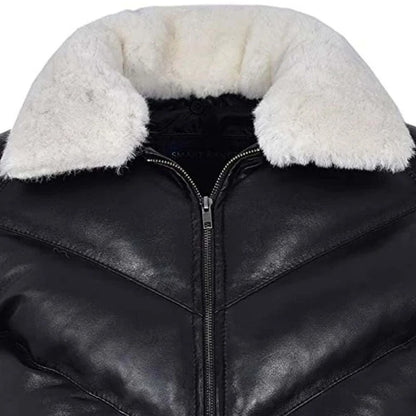 Men's Leather V Bomber Puffer Winter Jacket with Fur Collar