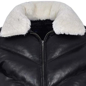 Men's Leather V Bomber Puffer Winter Jacket with Fur Collar