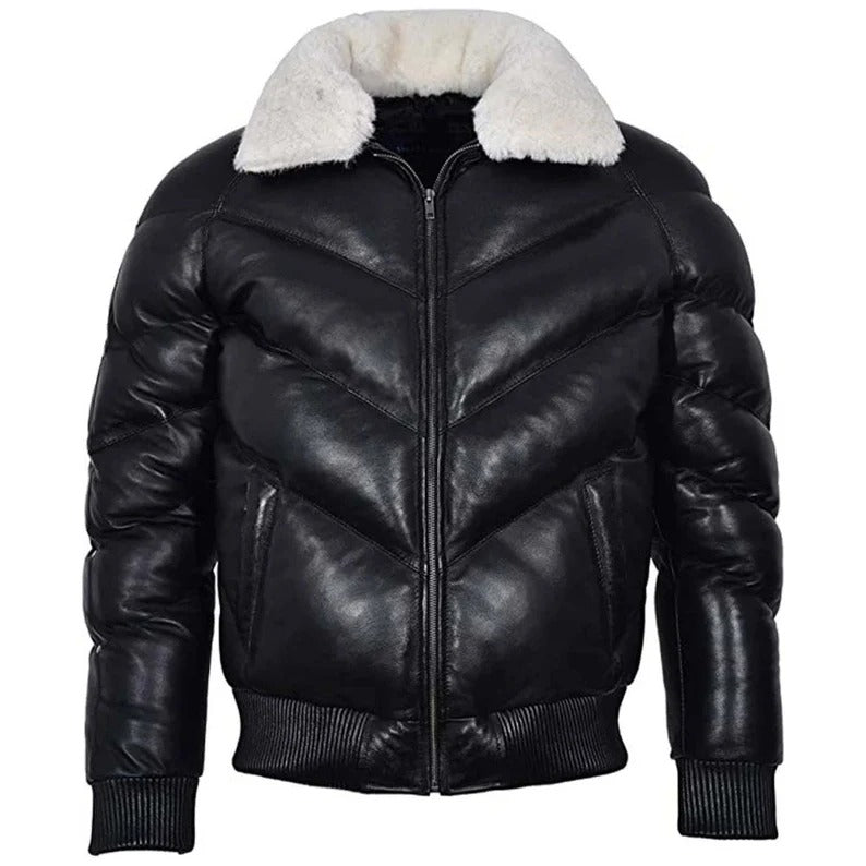 Men's Leather V Bomber Puffer Winter Jacket with Fur Collar