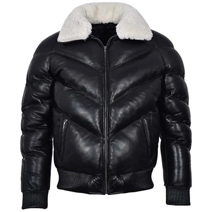 Men's Leather V Bomber Puffer Winter Jacket with Fur Collar