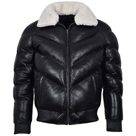 Men's Leather V Bomber Puffer Winter Jacket with Fur Collar - Fashion Leather Jackets USA - 3AMOTO