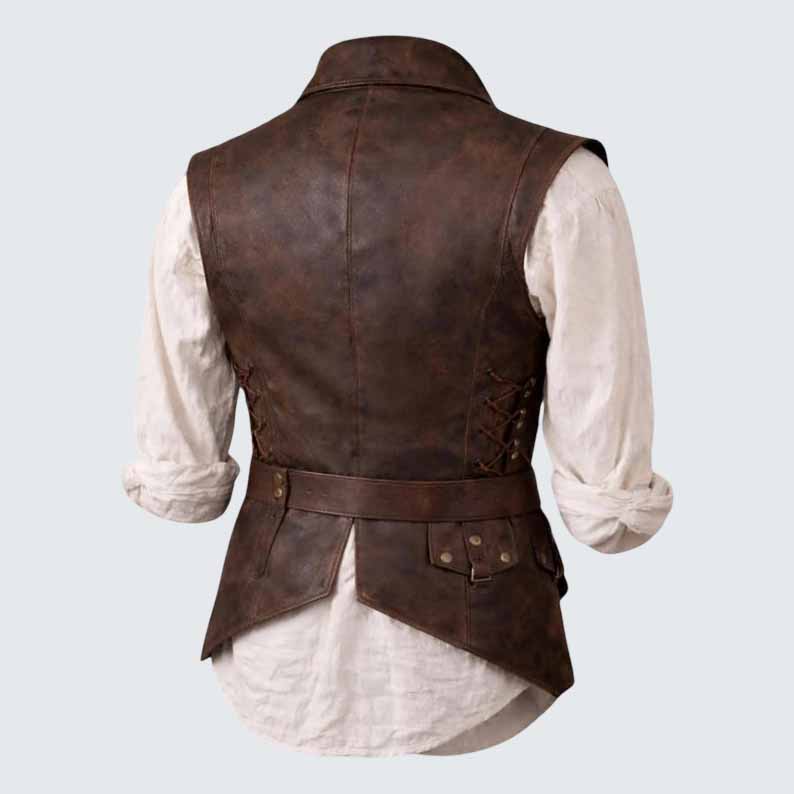 Men's Brown Leather Vest with Double Breasted Medieval Pirate Style