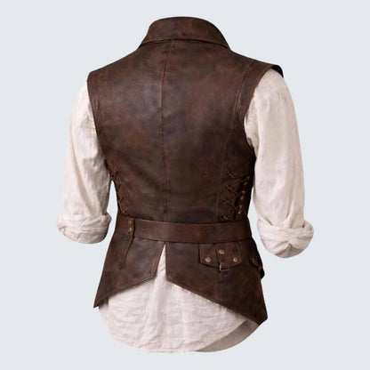 Men's Brown Leather Vest with Double Breasted Medieval Pirate Style