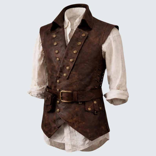 Men's Brown Leather Vest with Double Breasted Medieval Pirate Style - 3amoto shop