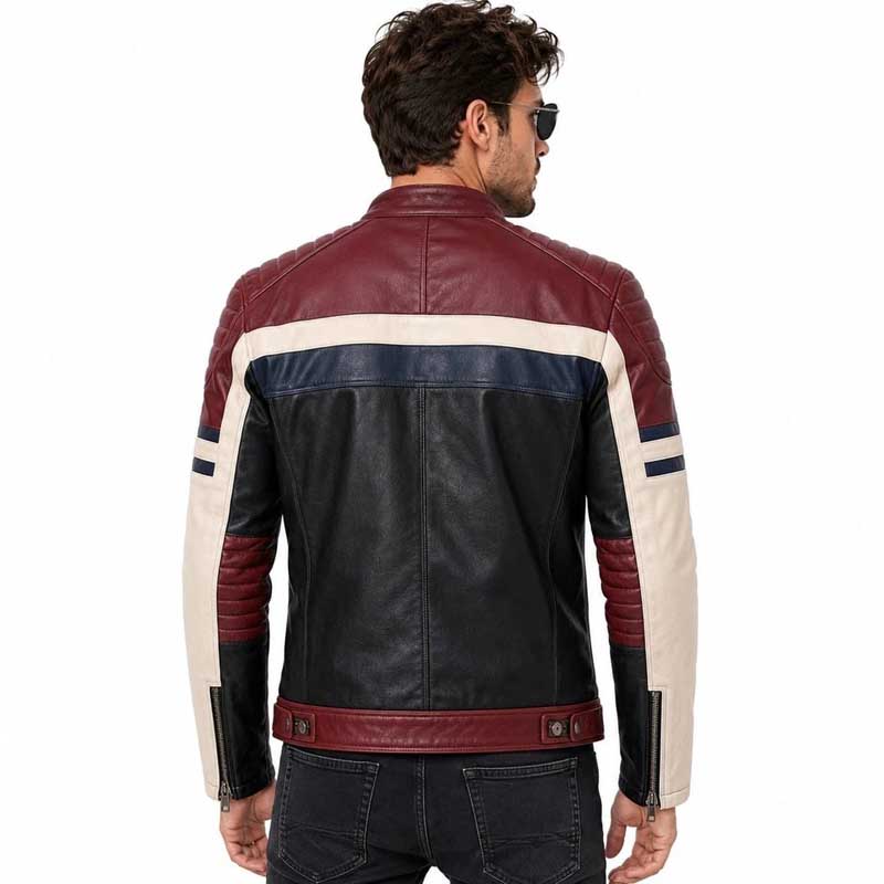 men's color-block lambskin leather motorcycle jacket.