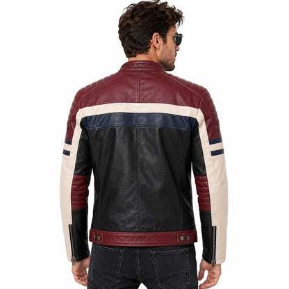 men's color-block lambskin leather motorcycle jacket.