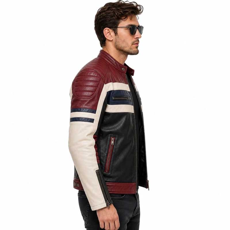 quilted shoulder and sleeve detailing on a multicolor leather jacket.