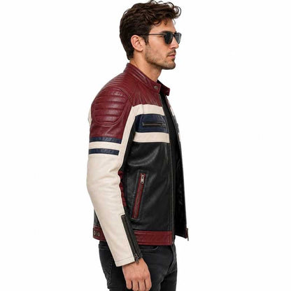 quilted shoulder and sleeve detailing on a multicolor leather jacket.