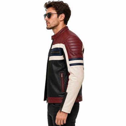 stand collar and full-length zipper on a men's lambskin biker jacket.