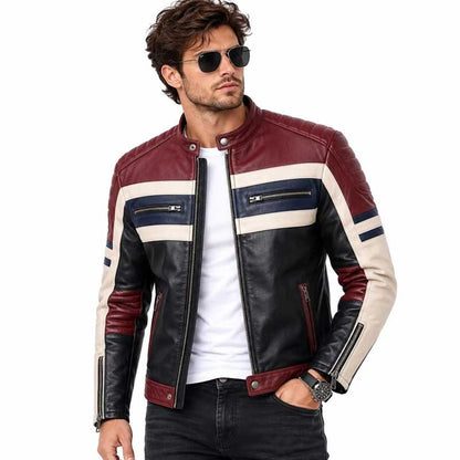 Men's multicolor lambskin leather biker jacket with a slim-fit design.