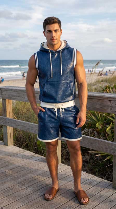 Men’s Navy Blue Croc Embossed Sheepskin Leather Hoodie and Shorts Set