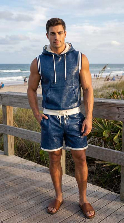 Men’s Navy Blue Croc Embossed Sheepskin Leather Hoodie and Shorts Set