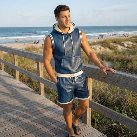 Men’s Navy Blue Croc Embossed Sheepskin Leather Hoodie and Shorts Set - 3amoto shop